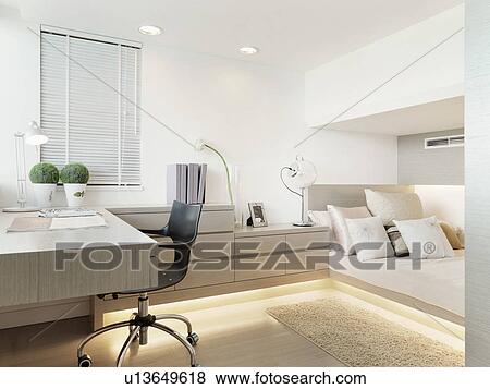Desk and bed in modern bedroom View Large Photo Image Stock Photo - Desk and bed in modern bedroom. Fotosearch