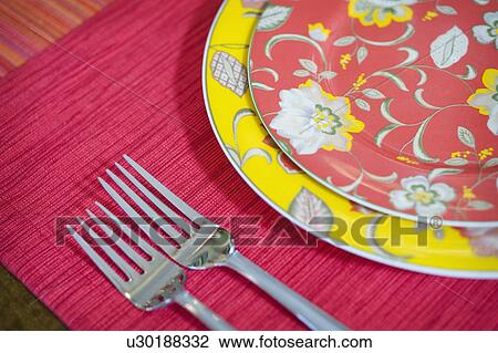 Detail colorful place settings on dining room table View Large Photo Image Stock Image - Detail colorful place settings on dining room table. Fotosearch