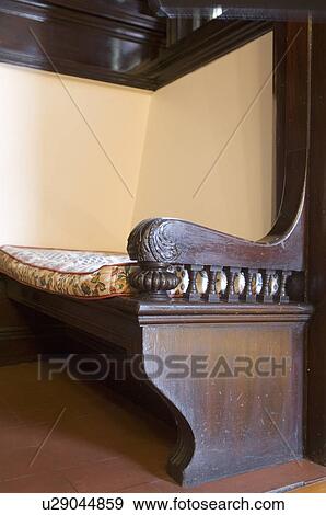 Detail wooden bench with cushion View Large Photo Image Stock Photo - Detail wooden bench with cushion. Fotosearch