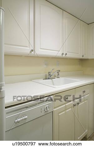 Stock Photo - Dishwasher and sink in monochromatic kitchen. Fotosearch