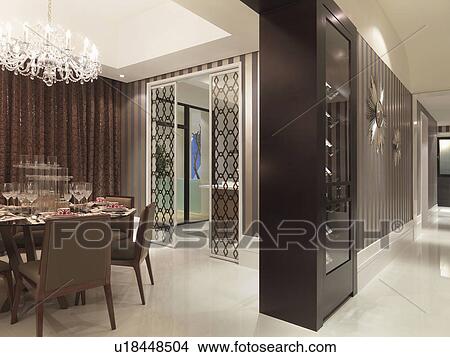 Picture - Elegant dining room with chandelier and printed wall paper. Fotosearch