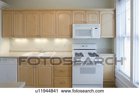 Empty kitchen with light colored cabinets View Large Photo Image Stock Image - Empty kitchen with light colored cabinets. Fotosearch