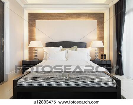 Spiksplinternieuw Evenwichtig, slaapkamer, met, zwart wit, bankje Stock Fotografie OR-69