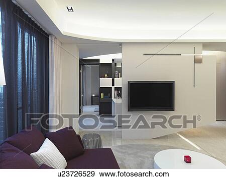 Stock Photo - Flat screen television in modern living room. Fotosearch