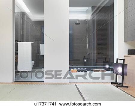 Glass door and wall to modern bathroom View Large Photo Image Stock Image - Glass door and wall to modern bathroom. Fotosearch