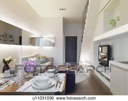 Kitchen and living room in modern apartment home View Large Photo Image Stock Photograph - Kitchen and living room in modern apartment home. Fotosearch