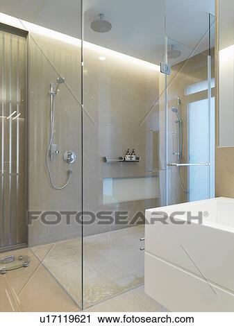 Large glass shower in modern bathroom View Large Photo Image Stock Image - Large glass shower in modern bathroom. Fotosearch