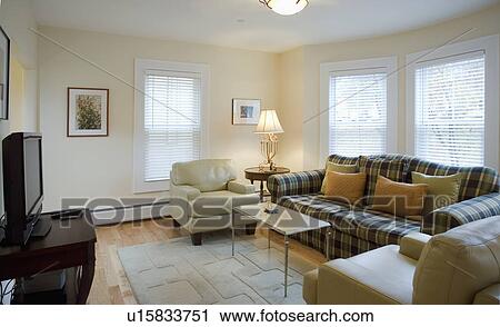 Living room with plaid sofa View Large Photo Image Stock Image - Living room with plaid sofa. Fotosearch