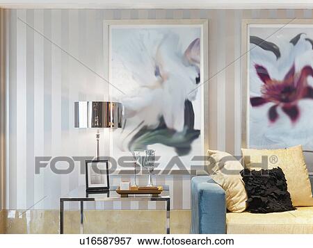 Stock Photo - Living room with striped wallpaper. Fotosearch