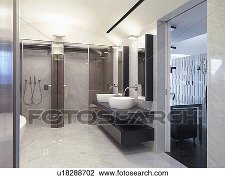 Stock Image - Marble floor in modern bathroom. Fotosearch