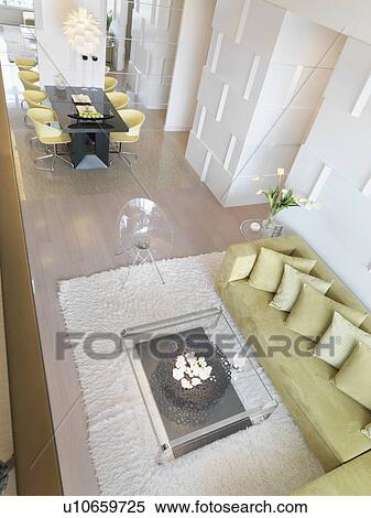 Stock Photography - Overhead view modern living room with lime green furniture. Fotosearch