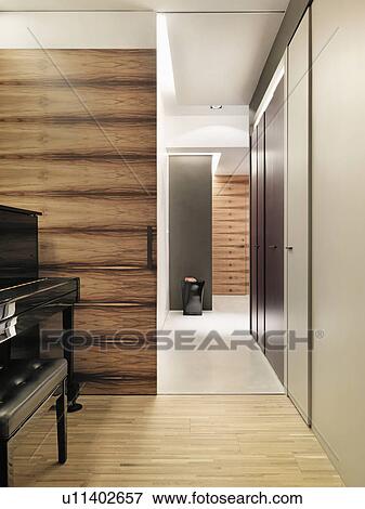Piano in modern wooden interior View Large Photo Image Stock Photo - Piano in modern wooden interior. Fotosearch