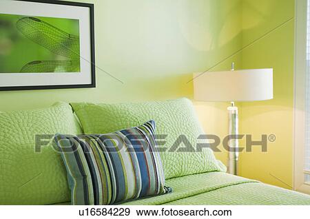 Pillows on lime green bed View Large Photo Image Stock Photo - Pillows on lime green bed. Fotosearch