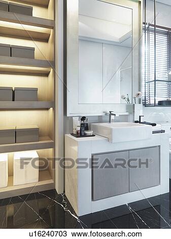 Stock Image - Sink and shelves in modern bathroom. Fotosearch