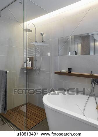 Small glass shower in corner of modern bathroom View Large Photo Image Stock Photo - Small glass shower in corner of modern bathroom. Fotosearch