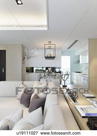 Stock Photo - Sofa with throw pillows in modern apartment style home. Fotosearch