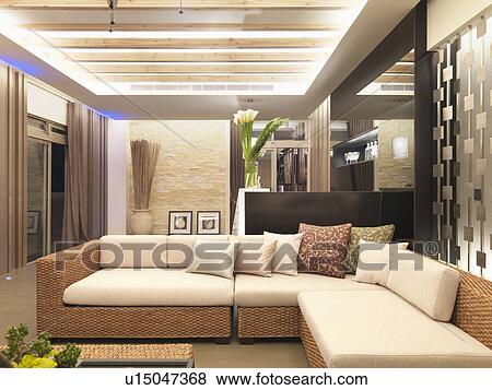 Stock Photo - Wicker sectional sofa with cushions. Fotosearch