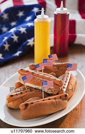 Stock Image - American flags in hot dogs. Fotosearch