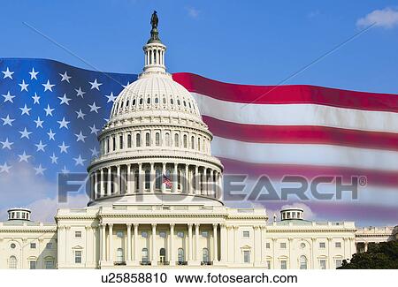 Stock Image - Capitol building and American flag. Fotosearch