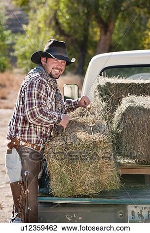 Cowboy lifting bales of hay View Large Photo Image Stock Image - Cowboy lifting bales of hay. Fotosearch