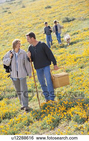 Family hiking in field of wildflowers View Large Photo Image Stock Photograph - Family hiking in field of wildflowers. Fotosearch