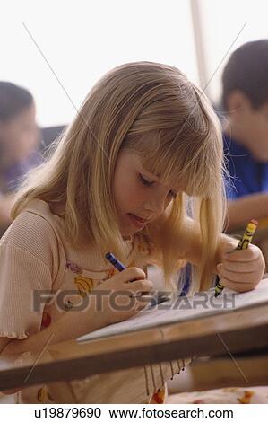 Girl drawing with crayons View Large Photo Image Stock Image - Girl drawing with crayons. Fotosearch