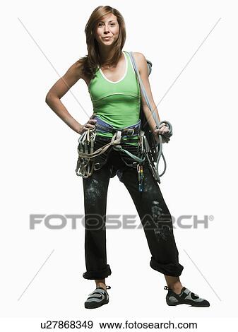Portrait of a woman with climbing gear View Large Photo Image Stock Photo - Portrait of a woman with climbing gear. Fotosearch