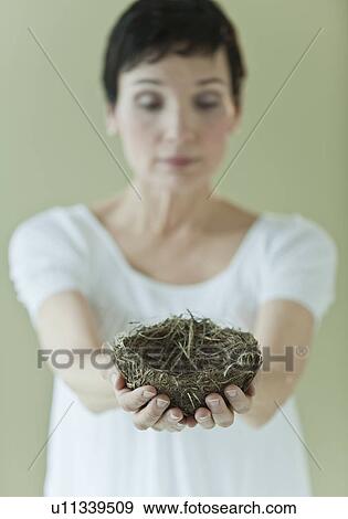 Woman holding nest View Large Photo Image Stock Photo - Woman holding nest. Fotosearch