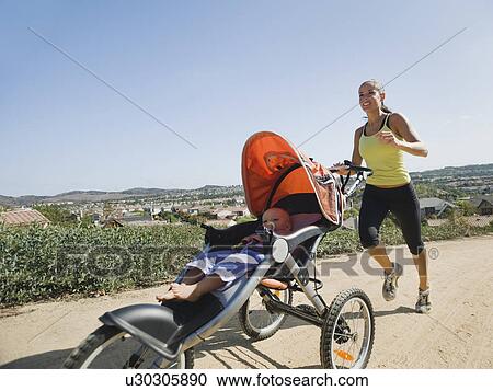 Woman jogging with stroller View Large Photo Image Stock Image - Woman jogging with stroller. Fotosearch
