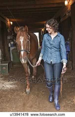 Woman leading horse View Large Photo Image Stock Photo - Woman leading horse. Fotosearch