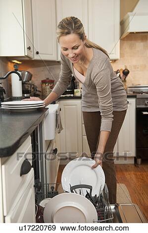 Stock Photo - Woman loading dishwasher. Fotosearch