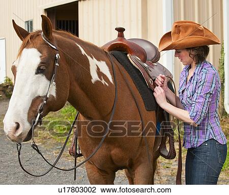 Woman putting saddle on horse View Large Photo Image Stock Image - Woman putting saddle on horse. Fotosearch
