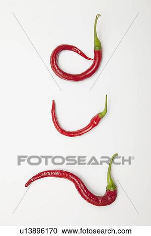 Stock Image - three red jalapeno peppers curled into unique shapes. Fotosearch