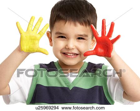 Picture - Studio Portrait Of Young Boy With Painted Hands. Fotosearch