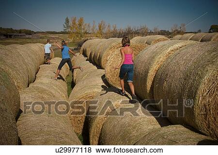 Stock Photo - 3 farm kids on large straw bales, Redvers, Saskatchewan, Canada. Fotosearch