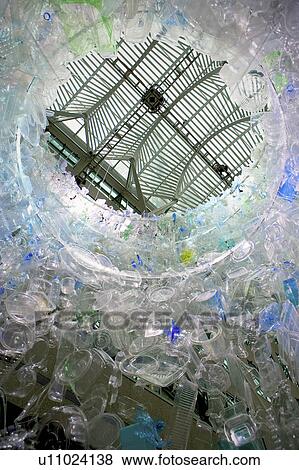 Stock Photo - Chandelier made from plastic recyclable packaging, BCE Place, Toronto, Ontario, shot from above.. Fotosearch
