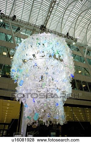 Stock Photo - Chandelier made from plastic recyclable packaging, BCE Place, Toronto, Ontario. Fotosearch