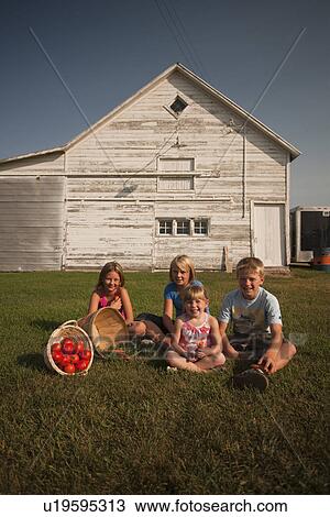 Stock Image - Cousins (five, ten, twelve and twelve) with garden tomatoes and carrots seated in farmyard; Redvers, Saskatchewan, Canada. Fotosearch