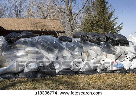 Dyke of sandbags around rural home to protect from Red River floodwaters, rural Manitoba View Large Photo Image Picture - Dyke of sandbags around rural home to protect from Red River floodwaters, rural Manitoba. Fotosearch