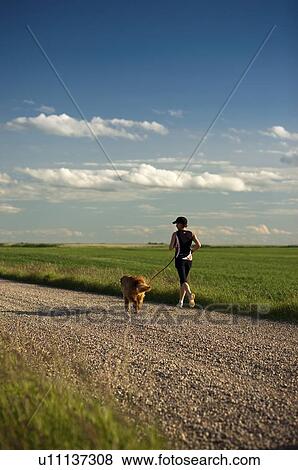 Stock Photo - Female runner and dog, on rural road, Saskatchewan. Fotosearch