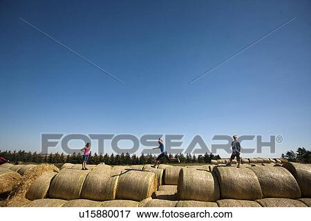 Stock Photo - Girl leaps over space between bales as boy and second girl watch; Redvers, Saskatchewan, Canada. Fotosearch