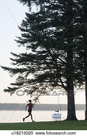 Stock Image - Silohuette of woman running by lakeshore, Clear Lake, Riding Mountain National Park, Manitoba, Canada. Fotosearch