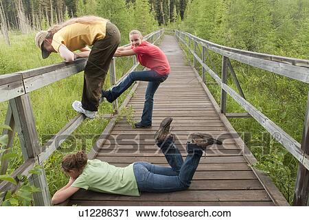 Stock Image - Three women on boardwalk nature trail, Riding Mountain National Park, Manitoba, Canada. Fotosearch