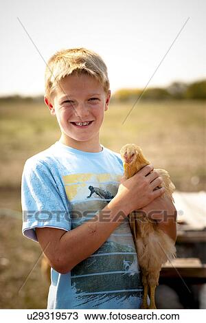 Stock Image - Twelve year old boy holding heritage breed of free-range chicken; Redvers, Saskatchewan, Canada. Fotosearch