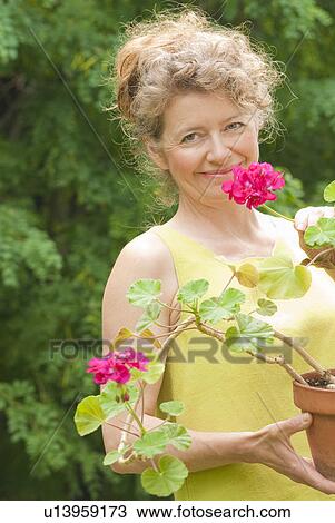 Stock Image - Woman in mid-50's holidng geranium, Manitoba, Canada. Fotosearch