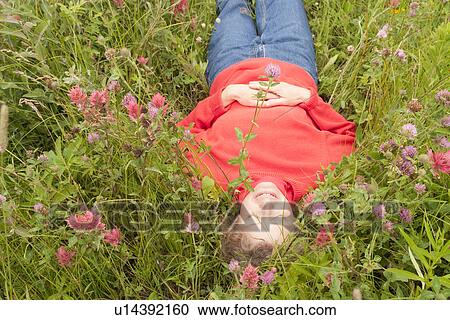Woman laying back in a field of flowers, Manitoba, Canada View Large Photo Image Stock Image - Woman laying back in a field of flowers, Manitoba, Canada. Fotosearch