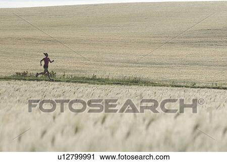 Stock Image - Woman running on trail in middle of grain field, Manitoba, Canada. Fotosearch