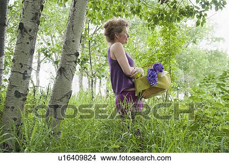 Woman stands holding basket in grove of poplar trees, Manitoba, Canada View Large Photo Image Picture - Woman stands holding basket in grove of poplar trees, Manitoba, Canada. Fotosearch