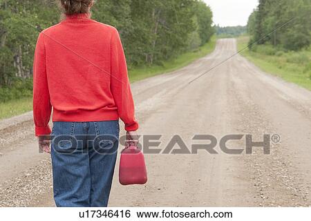 Stock Photograph - Woman with back to camera walking down country road with jerry can, Manitoba, Canada. Fotosearch