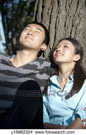 Young couple seated at base of tree, faces lifted upard. View Large Photo Image Picture - Young couple seated at base of tree, faces lifted upard.. Fotosearch